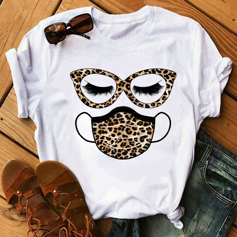 Leopard mask eyes lashes ladies short sleeves