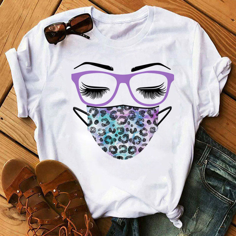 Leopard mask eyes lashes ladies short sleeves