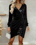 Fashionable V-neck Sequin Velvet Bodycon Dress